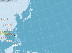 氣象局表示依「南卡」颱風的行徑路線，未來該颱風將往海南島、越南方向移動，不會對台灣有直接影響，但受台灣周遭大氣環境影響，迎風面基隆北海岸、宜蘭及大台北山區10月14日前可能有大雨或豪雨發生機率，提醒民眾注意。（圖／交通部中央氣象局）