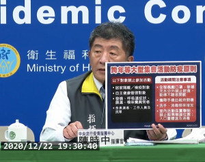 面對台灣再現本土武肺病例，中央流行疫情指揮中心22日晚上近19時半再召開記者會，宣布集會指引不會升級，不會限制人數，但要求地方政府做好防疫應變計畫評估與準備，也指出參與活動民眾需戴口罩、帶手機、實聯制…等。 （圖／衛福部疾管署YouTube）