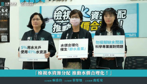 台灣民眾黨立法委員蔡壁如（中）、 高虹安（右）、賴香伶（左）12日舉辦記者會，呼籲政府重新檢視水資源分配，合理調整水價，以科學、專業來解決缺水問題。（圖／台灣民眾黨立法院黨團Facebook直播）