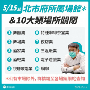 由於目前本土武肺疫情與茶藝館、遊藝場等特種營業場所相關，因此台北市府14日下午召開記者會，宣布北市所屬場館及10大類特殊場所自5月15日起皆暫時關閉，包含舞廳業、舞場業、酒家業、酒吧業、特種咖啡茶室業、視聽歌唱業、夜店業、三溫暖業、電子遊戲業及網咖（公有市場除外）。（圖／台北市政府LINE帳號）