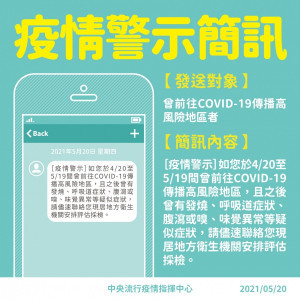 中央流行疫情指揮中心稍早已對4月20日至5月19日，曾前往新冠疫情傳播高風險地區者，發送疫情警示簡訊，提醒民眾注意。（圖／衛福部Facebook）