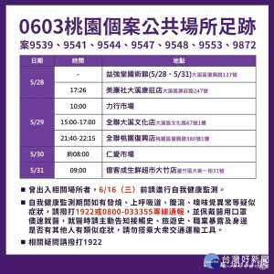 桃園市政府公布0603新增30例確診疫調足跡表。
