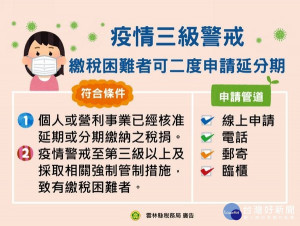 為協助民眾度過疫情難關，先前已申請過延期或分期繳稅的納稅人，可就未繳清餘額，申請「再延期」或「再分期」。