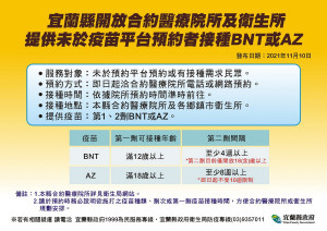 宜縣開放有接種需求民眾可直接向縣內合約醫療院所預約接種BNT或AZ疫苗。（圖∕宜蘭縣政府提供）