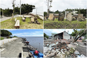 因拆屋還地險遭丟棄的百年水泥桶塊群，已經移往當地榕樹公園落腳。（圖∕楊基山攝）