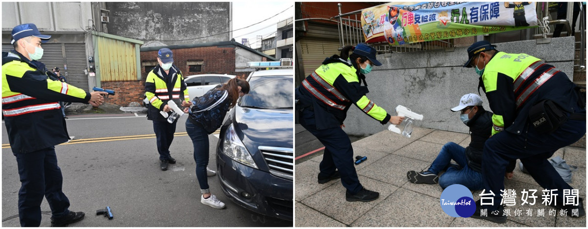 歹徒在農會前及路旁遭到逮捕，警方立刻從勤務包掏出額溫槍及酒精噴灑歹徒，同時宣導勿忘防疫<br />
