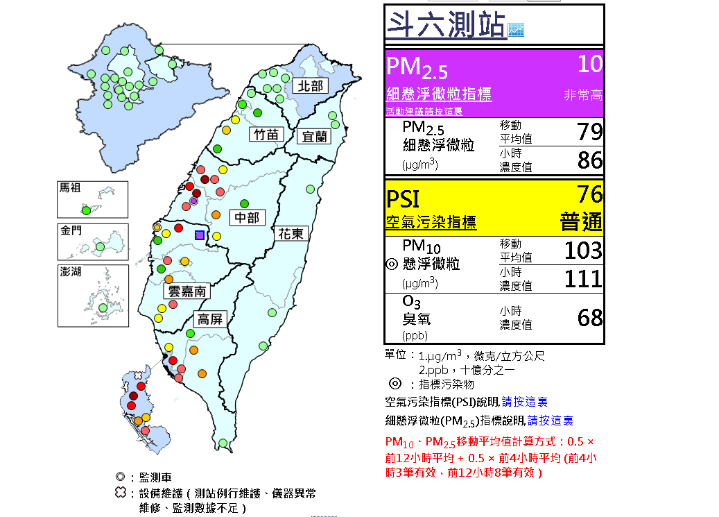 中南部空品遭，員林、斗六、左營PM2.5「紫爆」（圖／翻攝自空氣品質監測網）