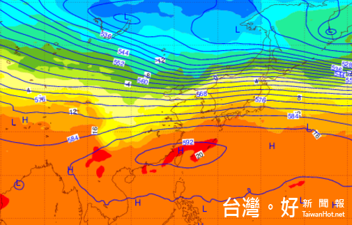 下週三至週五（26至28日），太平洋高壓勢力強籠罩台灣上空，台灣附近地面風力微弱，將形成秋老虎的天氣型態。（圖／翻攝「洩天機教室」氣象專欄） 