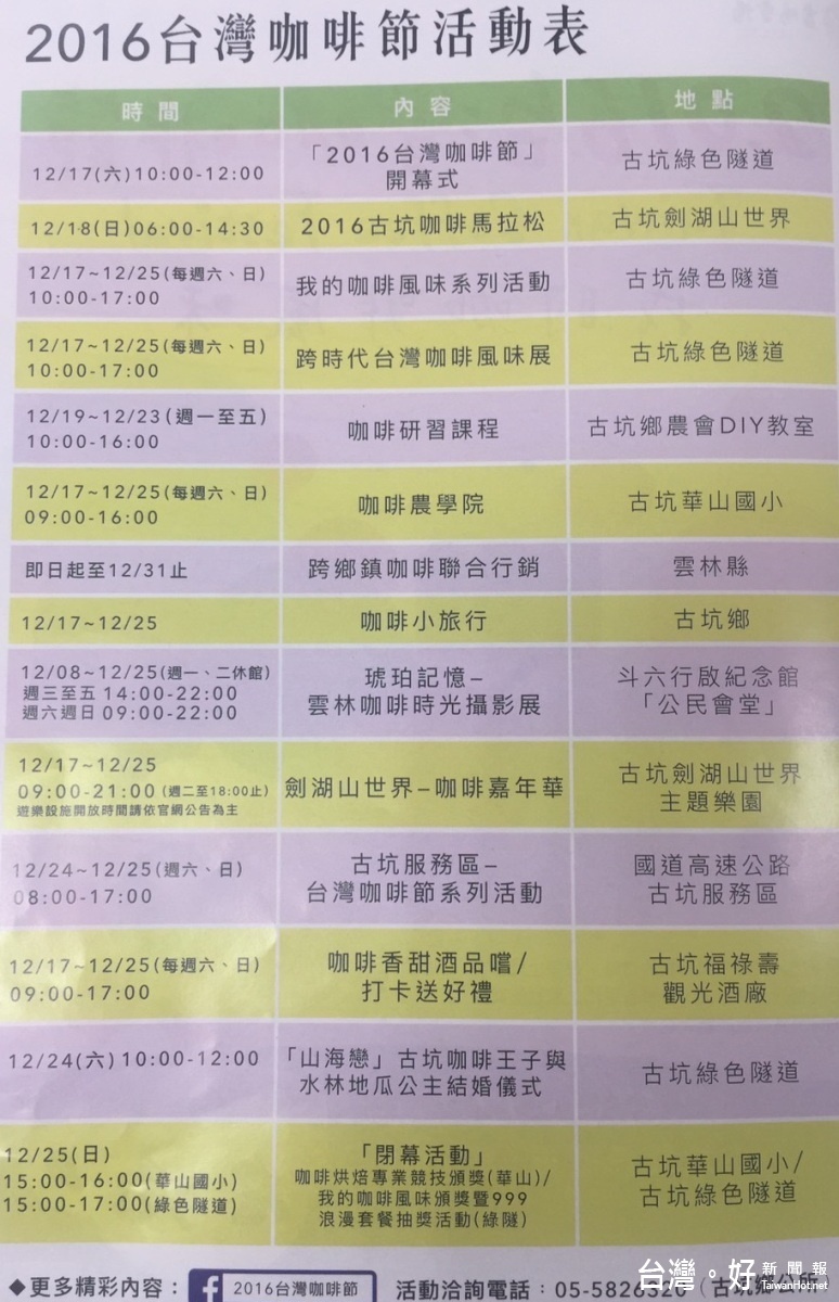 2016台灣咖啡節活動表，更多精彩內容可上「2016台灣咖啡節」臉書追踨動態。（記者簡勇鵬攝）