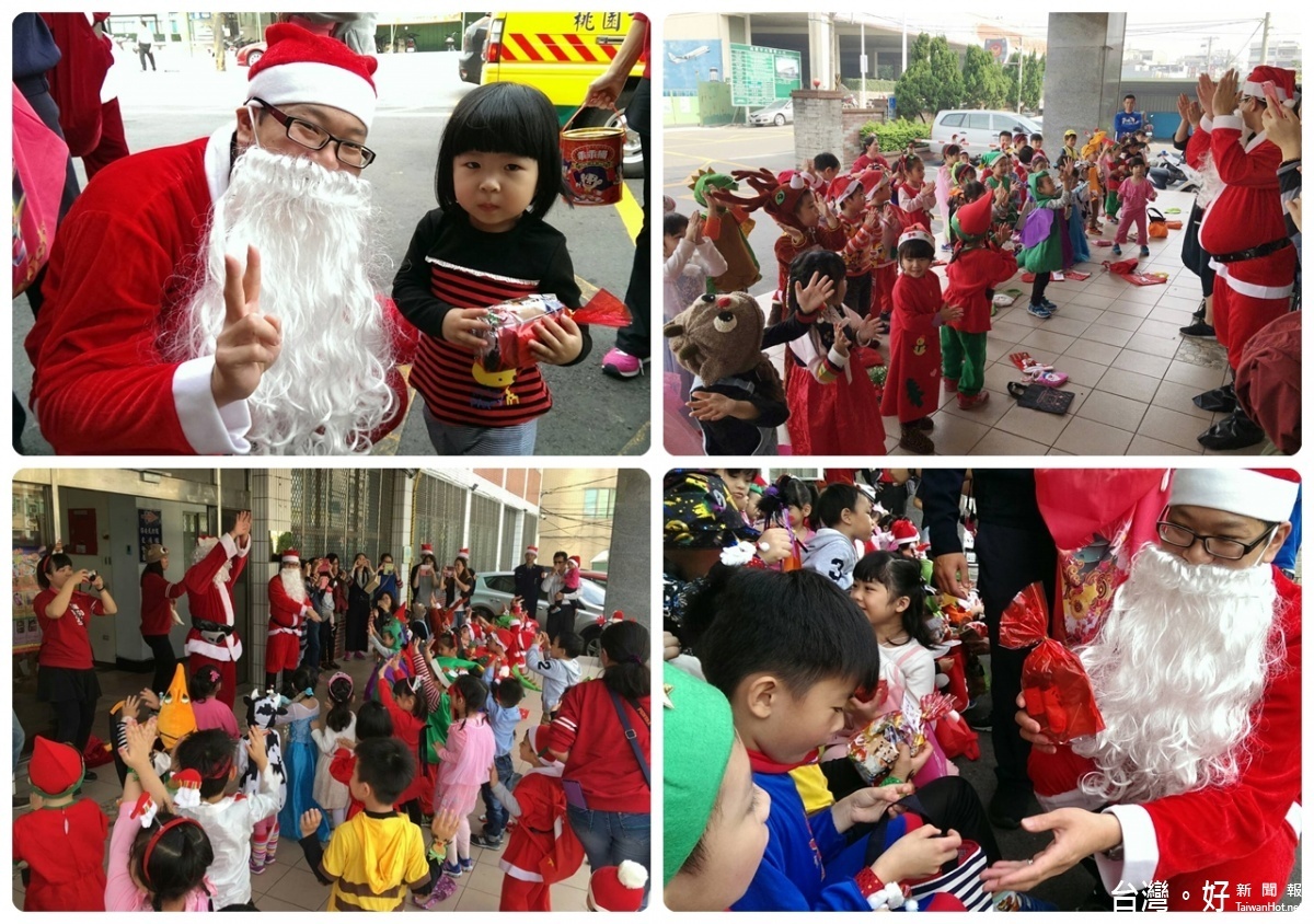 哈囉凱蒂幼兒園小朋友結合聖誕踩街活動，前往大園派出所報佳音。