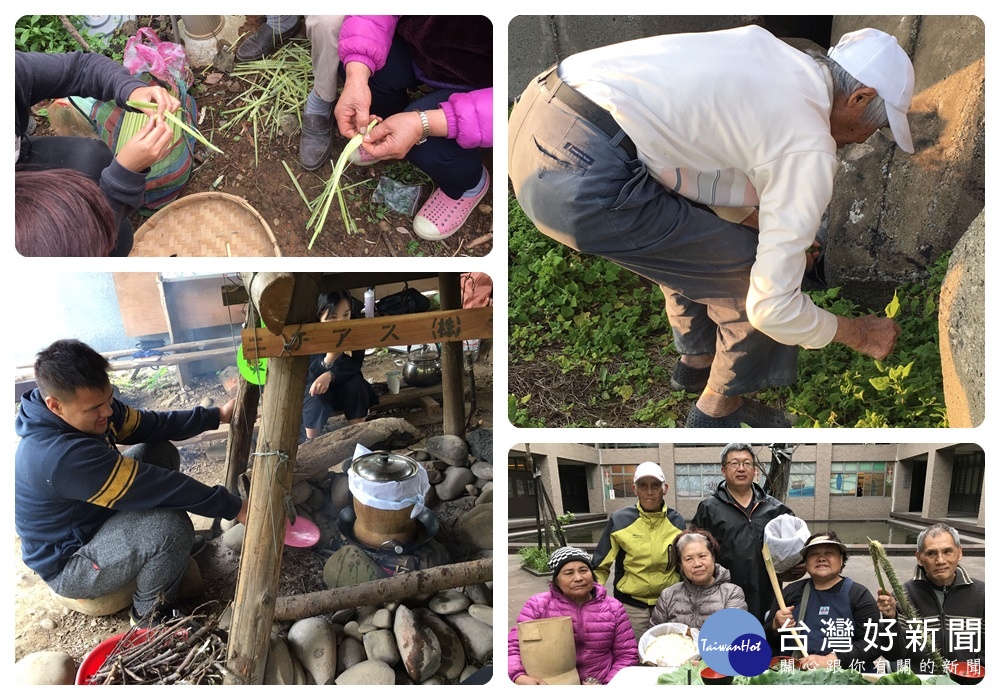 原專班學生與耆老們在中原校區內的部落學習傳統營區生火煮食白米飯。