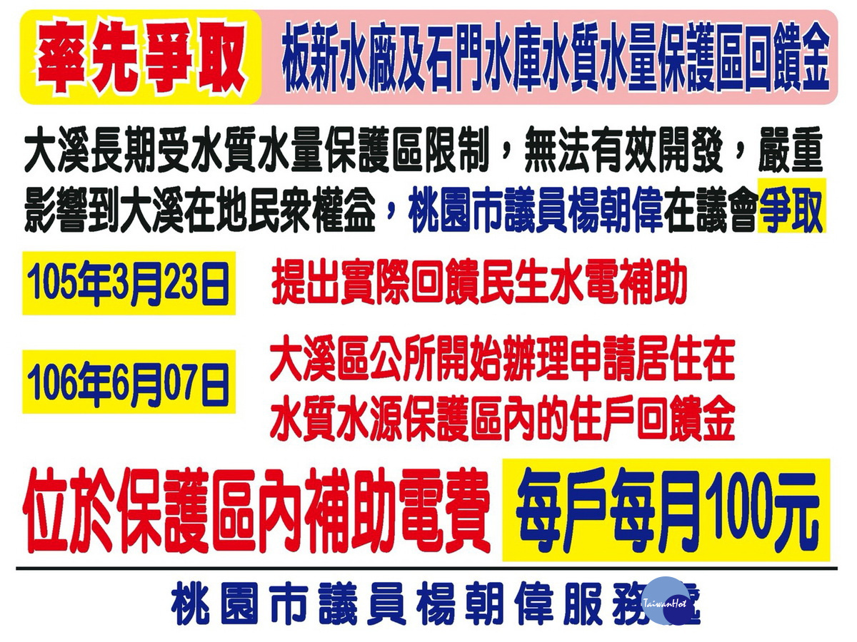 桃園市議員楊楊朝偉於總質詢中肯定市府辦理板新水廠及石門水庫水質水量保護區回饋金。