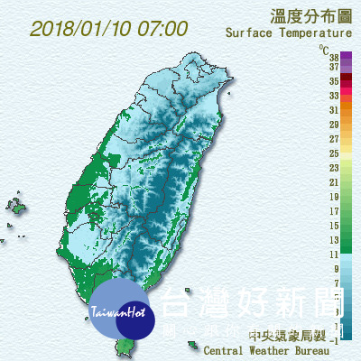 氣象局針對北北基桃等18縣市皆發布低溫特報，從溫度分布圖看來，台灣宛如一顆「凍番薯」。（圖／中央氣象局）