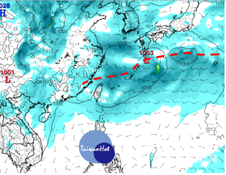 圖：最新(14日20時)歐洲中期預報中心(ECMWF)模式模擬顯示，下週二(22日)20時鋒面(紅虛線)已到台灣北部海面附近。但為8天之後的模擬，有「不確定性」。（圖／翻攝「三立準氣象·老大洩天機」）