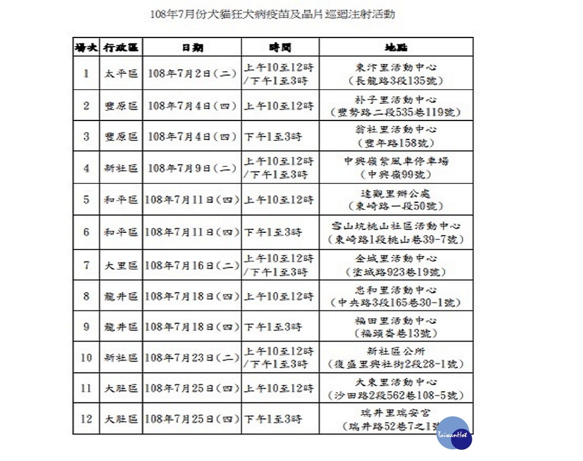 108年7月份犬貓狂犬病疫苗及寵物晶片巡迴注射優惠活動行程表（圖／台中市動保處提供）