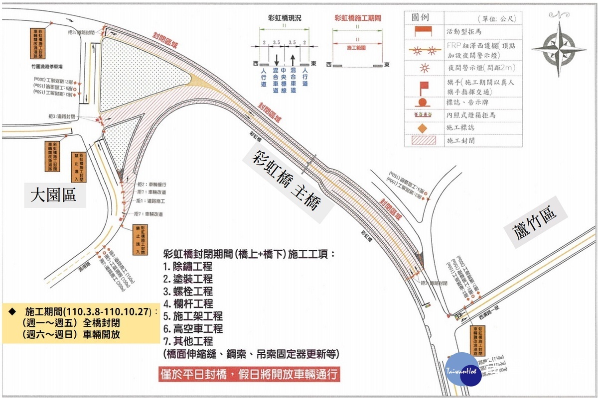 桃市大園區彩虹橋改善工程，3月8日起施工期間封閉車道。