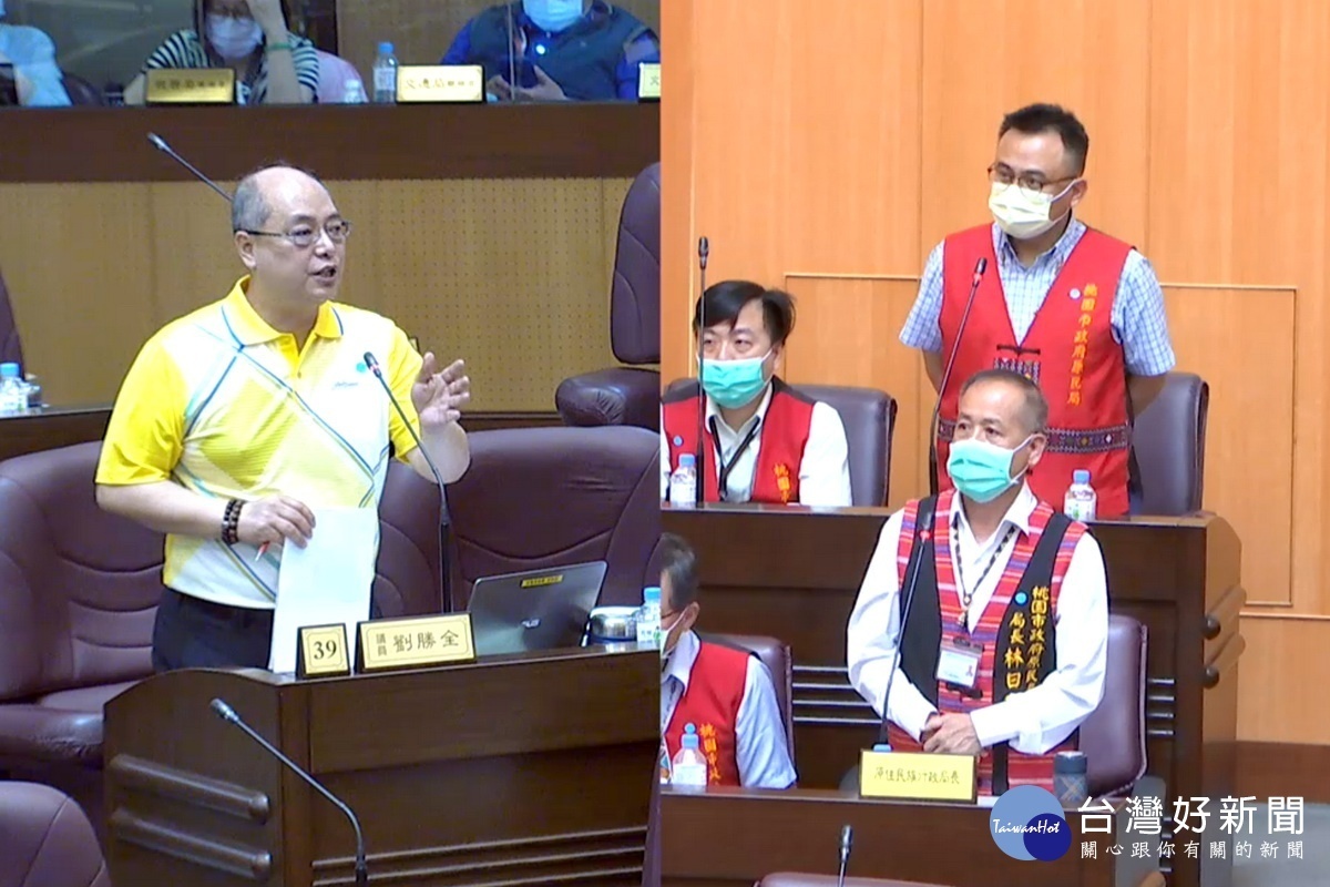 針對原住民族行政局業務，桃園市議員劉勝全質詢市府原民局長林日龍。