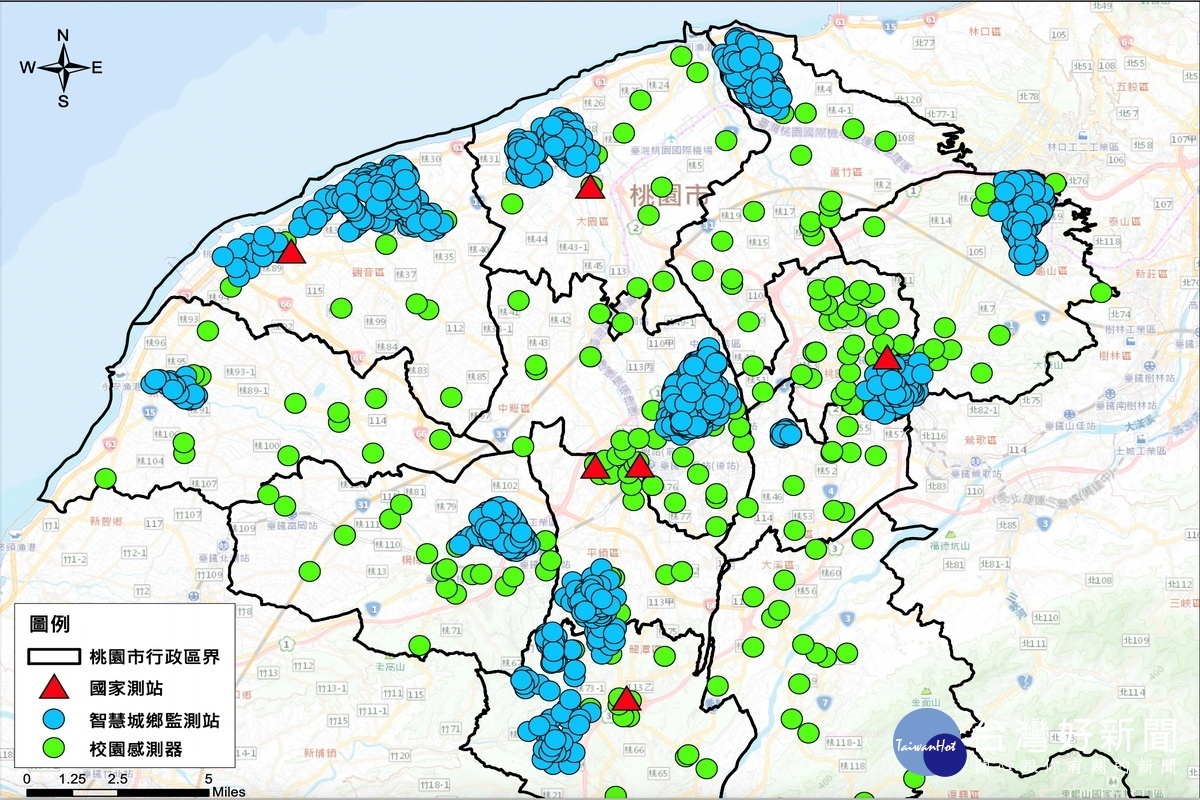 桃園市各類型空品監測站分佈圖。